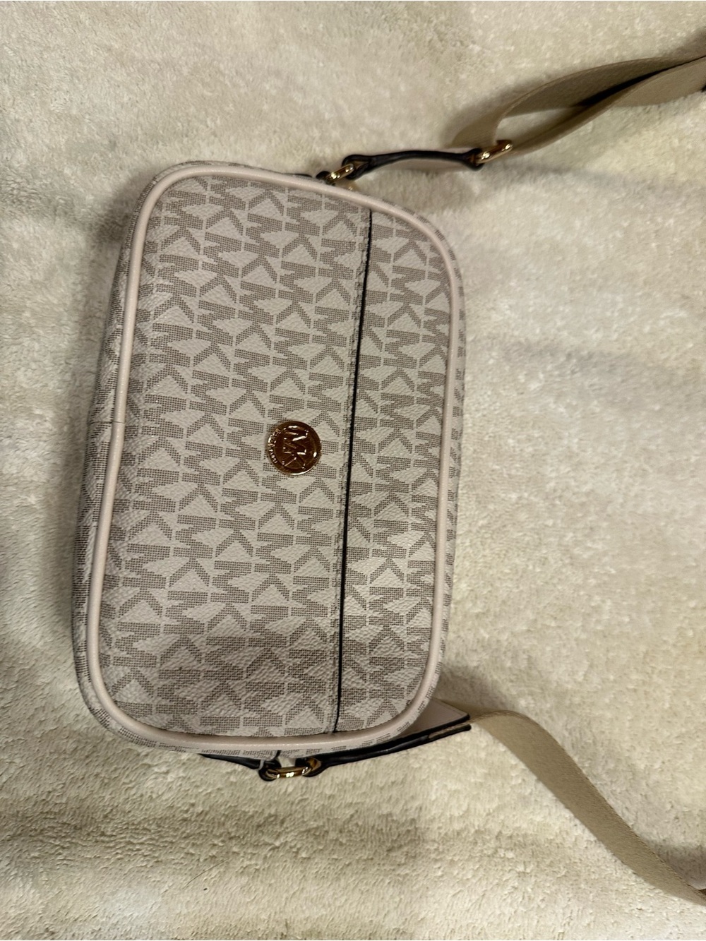 Michael Kors Beige Logo Crossbody with Gold MK Emblem
